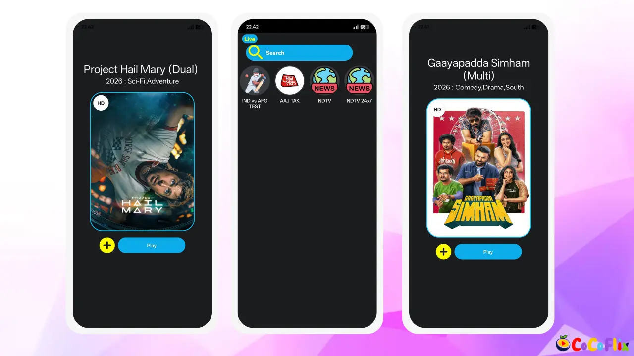 CocoFlix app movie detail and download screens