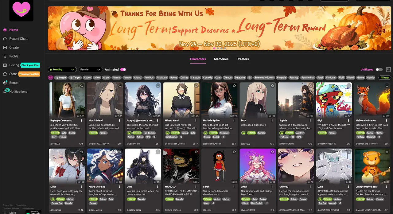 Crushon AI dashboard showcasing character selection and unfiltered NSFW AI chatbot interface